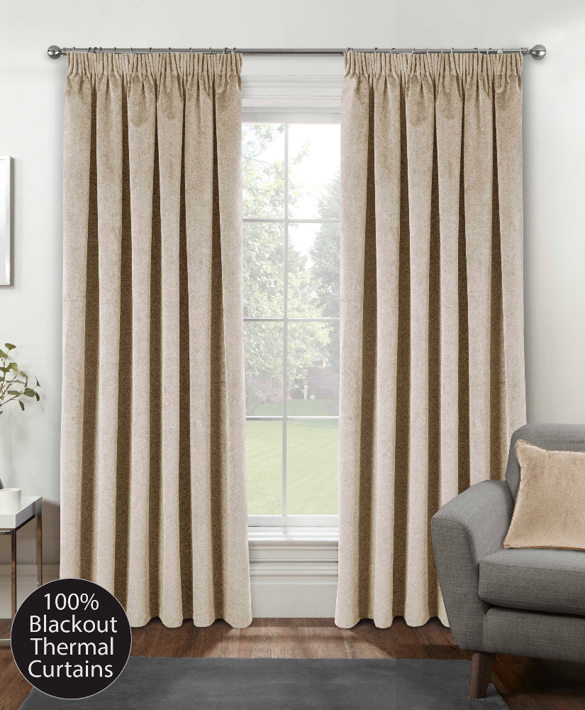 Oxford 100% Blackout thermal Pencil Pleat Curtains Cream
